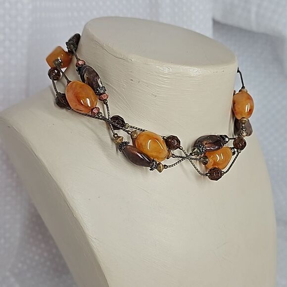 Faux Stone & Bead 3-Strand Layered Choker Necklace - Brown & Amber - Picture 2 of 9
